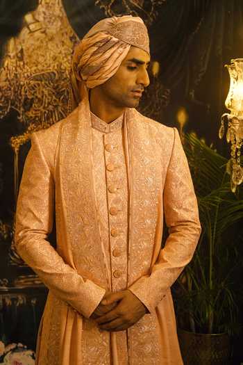 Shop_Punit Arora_Peach Silk Sequins, Zari Resham And Embroidered Sherwani Set _Online_at_Aza_Fashions