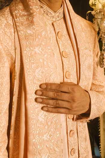 Punit Arora_Peach Silk Sequins, Zari Resham And Embroidered Sherwani Set _at_Aza_Fashions