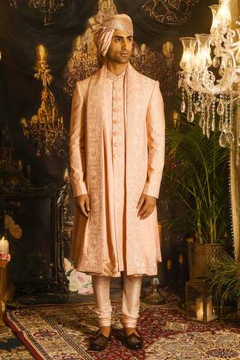 Shop_Punit Arora_Peach Silk Sequins, Zari Resham And Embroidered Sherwani Set _at_Aza_Fashions