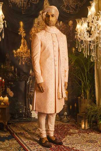 Buy_Punit Arora_Peach Silk Sequins, Zari Resham And Embroidered Sherwani Set 