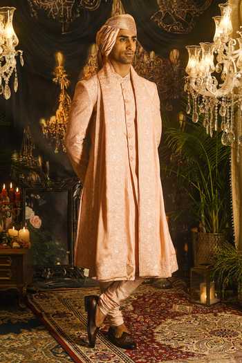 Shop_Punit Arora_Peach Silk Sequins, Zari Resham And Embroidered Sherwani Set 