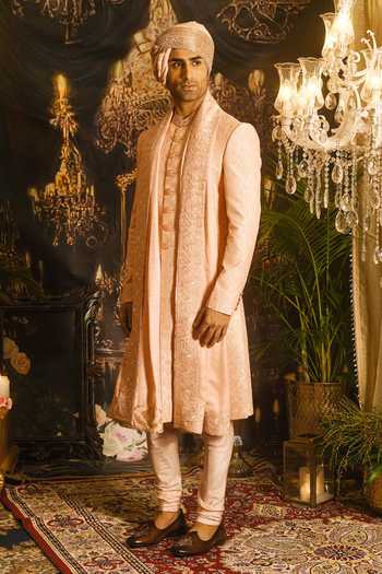 Punit Arora_Peach Silk Sequins, Zari Resham And Embroidered Sherwani Set _Online