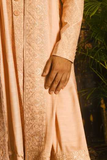 Buy_Punit Arora_Peach Silk Sequins, Zari Resham And Embroidered Sherwani Set _Online
