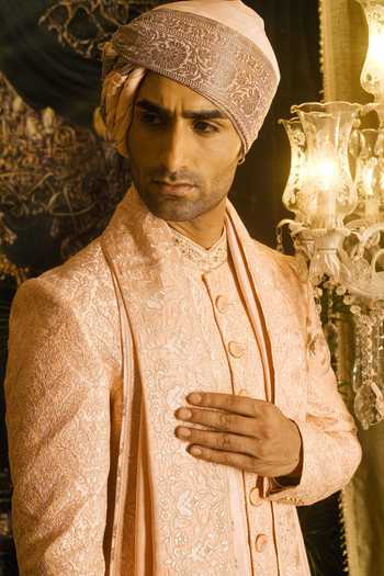 Punit Arora_Peach Silk Sequins, Zari Resham And Embroidered Sherwani Set 