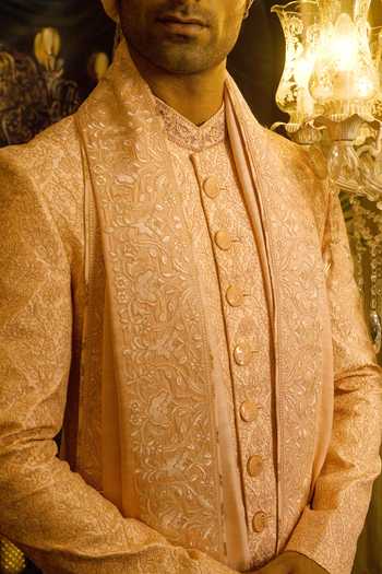 Punit Arora_Peach Silk Sequins, Zari Resham And Embroidered Sherwani Set 