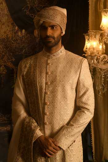 Punit Arora_Beige Silk Zari, Sequins, Stones, Cut Work Paisley Embroidered Sherwani Set _Online_at_Aza_Fashions
