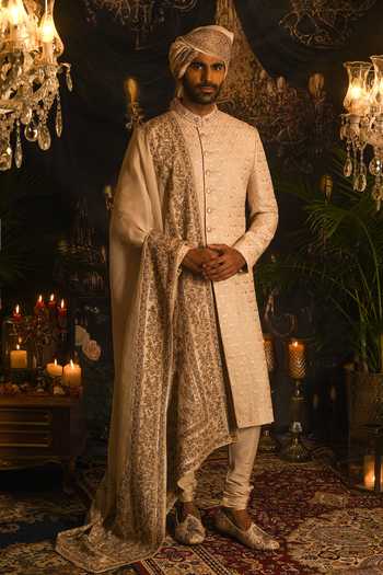 Buy_Punit Arora_Beige Silk Zari, Sequins, Stones, Cut Work Paisley Embroidered Sherwani Set _at_Aza_Fashions