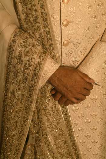 Buy_Punit Arora_Beige Silk Zari, Sequins, Stones, Cut Work Paisley Embroidered Sherwani Set _Online_at_Aza_Fashions