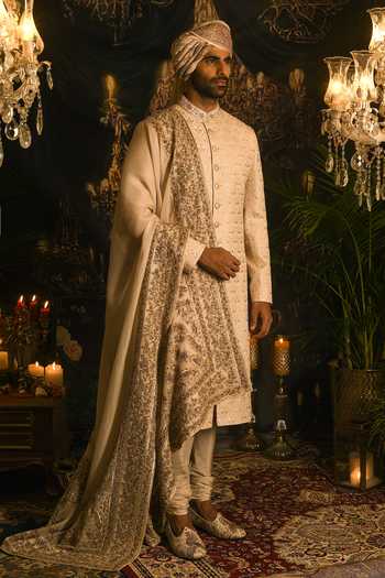 Shop_Punit Arora_Beige Silk Zari, Sequins, Stones, Cut Work Paisley Embroidered Sherwani Set _Online_at_Aza_Fashions