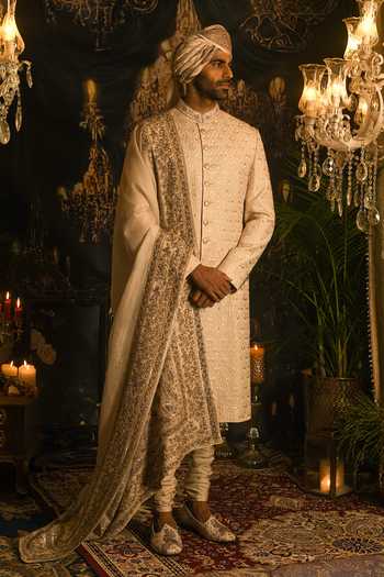 Shop_Punit Arora_Beige Silk Zari, Sequins, Stones, Cut Work Paisley Embroidered Sherwani Set _at_Aza_Fashions