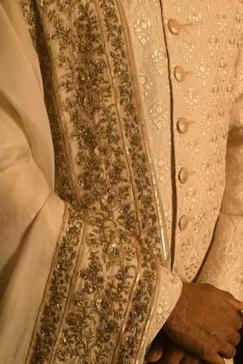 Punit Arora_Beige Silk Zari, Sequins, Stones, Cut Work Paisley Embroidered Sherwani Set _at_Aza_Fashions