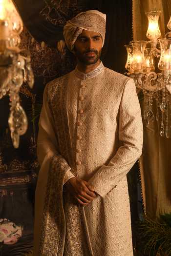 Buy_Punit Arora_Beige Silk Zari, Sequins, Stones, Cut Work Paisley Embroidered Sherwani Set 