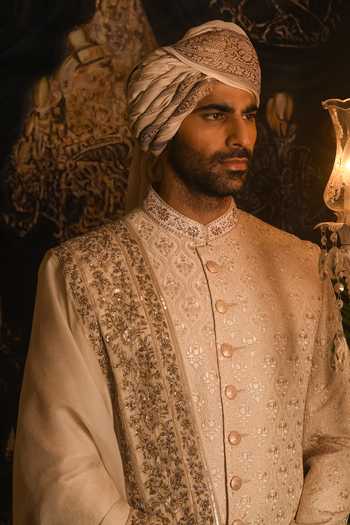 Shop_Punit Arora_Beige Silk Zari, Sequins, Stones, Cut Work Paisley Embroidered Sherwani Set 