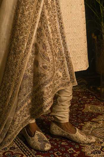 Punit Arora_Beige Silk Zari, Sequins, Stones, Cut Work Paisley Embroidered Sherwani Set _Online