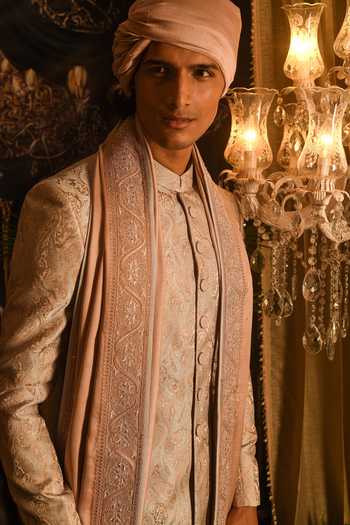 Punit Arora_Peach Silk Embroidery, Sequins Paisley Jaal Sherwani Set _Online_at_Aza_Fashions