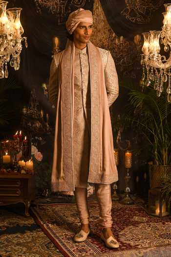 Shop_Punit Arora_Peach Silk Embroidery, Sequins Paisley Jaal Sherwani Set _at_Aza_Fashions