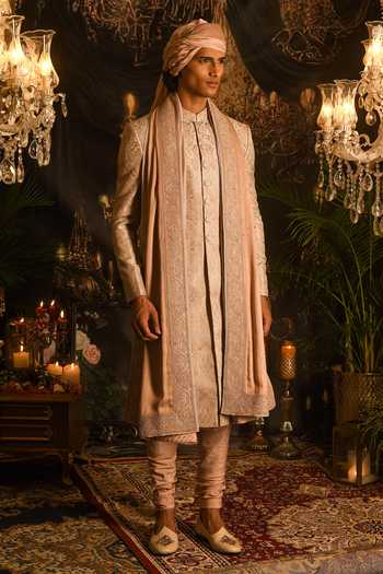 Buy_Punit Arora_Peach Silk Embroidery, Sequins Paisley Jaal Sherwani Set _Online_at_Aza_Fashions