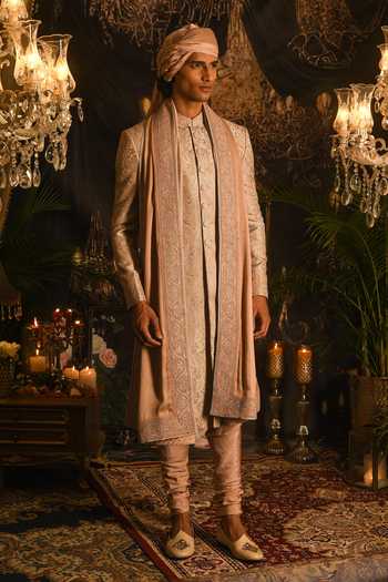 Shop_Punit Arora_Peach Silk Embroidery, Sequins Paisley Jaal Sherwani Set _Online_at_Aza_Fashions