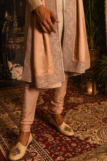 Punit Arora_Peach Silk Embroidery, Sequins Paisley Jaal Sherwani Set _at_Aza_Fashions