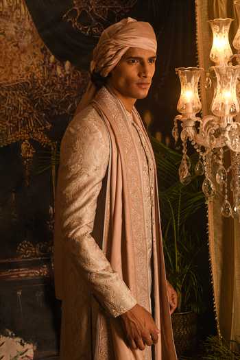 Buy_Punit Arora_Peach Silk Embroidery, Sequins Paisley Jaal Sherwani Set 