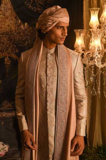 Shop_Punit Arora_Peach Silk Embroidery, Sequins Paisley Jaal Sherwani Set 