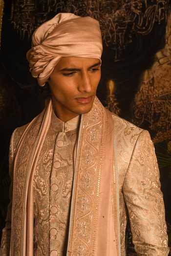 Punit Arora_Peach Silk Embroidery, Sequins Paisley Jaal Sherwani Set _Online