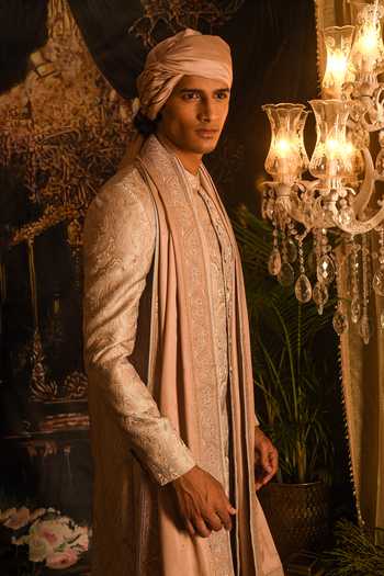 Buy_Punit Arora_Peach Silk Embroidery, Sequins Paisley Jaal Sherwani Set _Online