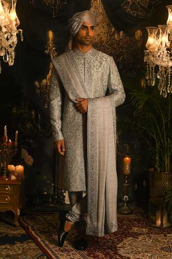 Shop_Punit Arora_Grey Silk Sequins, Zari, Stones Work Sherwani Set _at_Aza_Fashions