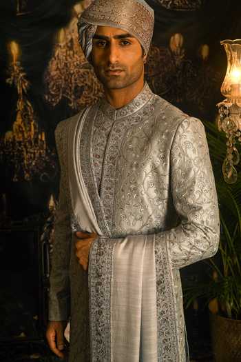 Punit Arora_Grey Silk Sequins, Zari, Stones Work Sherwani Set _at_Aza_Fashions