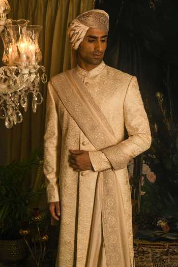 Punit Arora_Cream Silk Embroidery Aari Sherwani Set _Online_at_Aza_Fashions