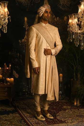 Buy_Punit Arora_Cream Silk Embroidery Aari Sherwani Set _Online_at_Aza_Fashions