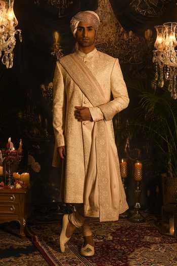 Buy_Punit Arora_Cream Silk Embroidery Aari Sherwani Set _at_Aza_Fashions