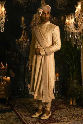 Shop_Punit Arora_Cream Silk Embroidery Aari Sherwani Set _at_Aza_Fashions