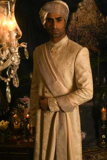 Shop_Punit Arora_Cream Silk Embroidery Aari Sherwani Set _Online_at_Aza_Fashions