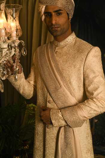 Punit Arora_Cream Silk Embroidery Aari Sherwani Set _at_Aza_Fashions