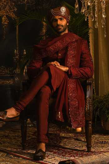 Shop_Punit Arora_Maroon Silk Embroidery, Sequins, Zari Sherwani Set _at_Aza_Fashions