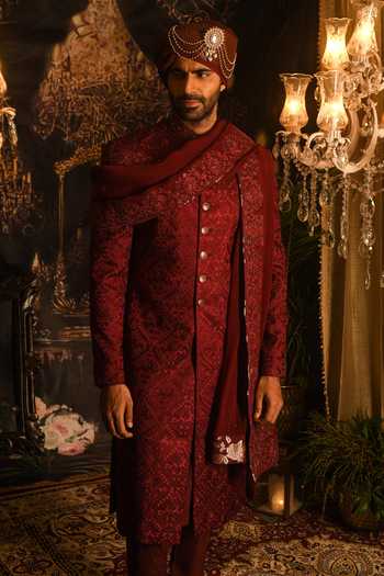 Punit Arora_Maroon Silk Embroidery, Sequins, Zari Sherwani Set _Online_at_Aza_Fashions