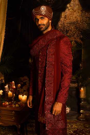 Shop_Punit Arora_Maroon Silk Embroidery, Sequins, Zari Sherwani Set _Online_at_Aza_Fashions