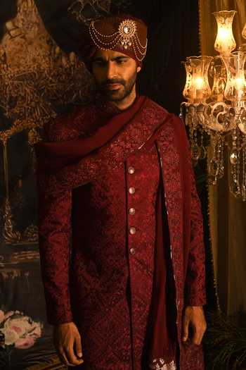 Punit Arora_Maroon Silk Embroidery, Sequins, Zari Sherwani Set _at_Aza_Fashions