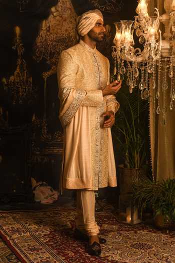 Shop_Punit Arora_Gold Silk Sequins, Zari Threadwork Embroidered Sherwani Set _at_Aza_Fashions