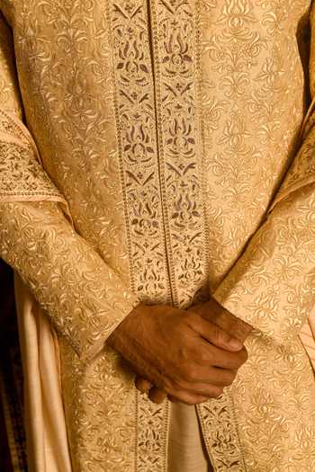 Shop_Punit Arora_Gold Silk Sequins, Zari Threadwork Embroidered Sherwani Set _Online_at_Aza_Fashions