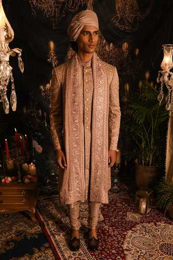 Punit Arora_Gold Silk Embroidery, Zari Resham Sherwani Set _Online_at_Aza_Fashions