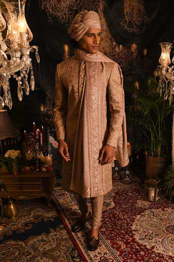 Shop_Punit Arora_Gold Silk Embroidery, Zari Resham Sherwani Set _at_Aza_Fashions