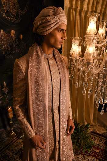 Punit Arora_Gold Silk Embroidery, Zari Resham Sherwani Set _at_Aza_Fashions