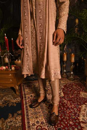 Shop_Punit Arora_Gold Silk Embroidery, Zari Resham Sherwani Set 