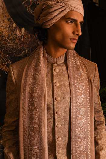Punit Arora_Gold Silk Embroidery, Zari Resham Sherwani Set _Online