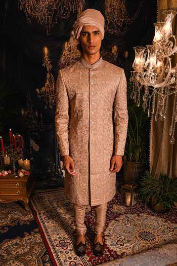 Buy_Punit Arora_Gold Silk Embroidery, Zari Resham Sherwani Set _Online