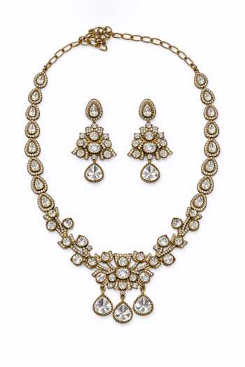 Shop_Prestones_White Stones, Crystals Flower Motif Carved Necklace And Earrings Set _at_Aza_Fashions