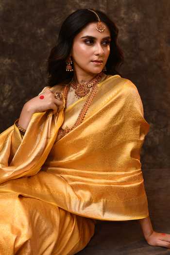 Shop_Vishwa By Pinki Sinha_Yellow Silk Zari Woven Saree With Running Blouse _Online_at_Aza_Fashions