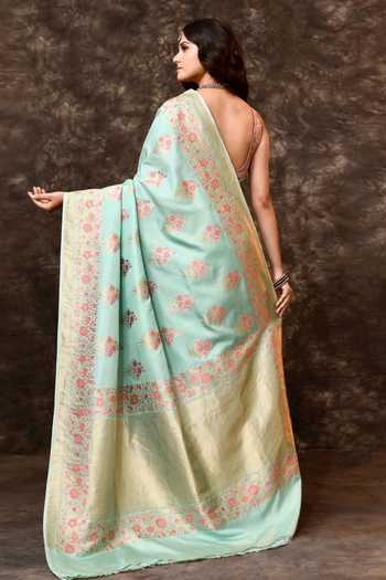 Shop_Vishwa By Pinki Sinha_Blue Silk Zari Floral Woven Saree With Running Blouse _at_Aza_Fashions